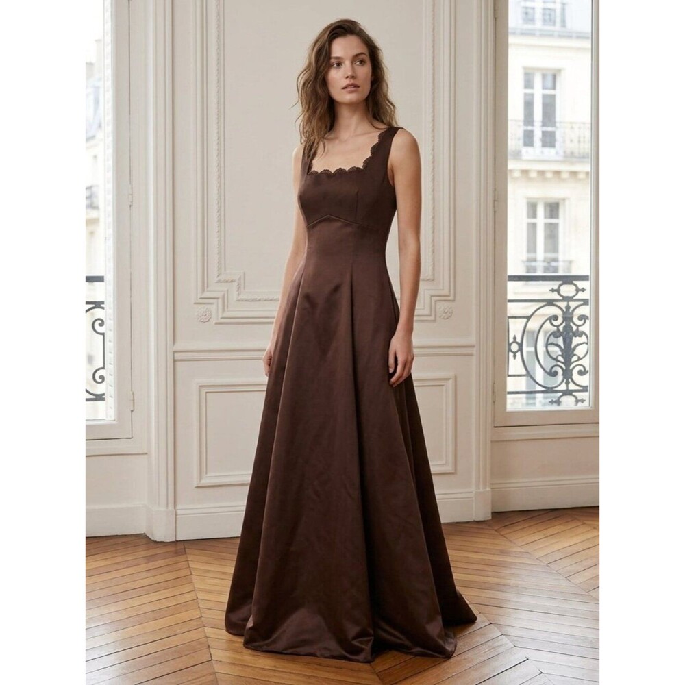 Cache Chocolate Brown Satin Scalloped Neckline Maxi Dress size 8